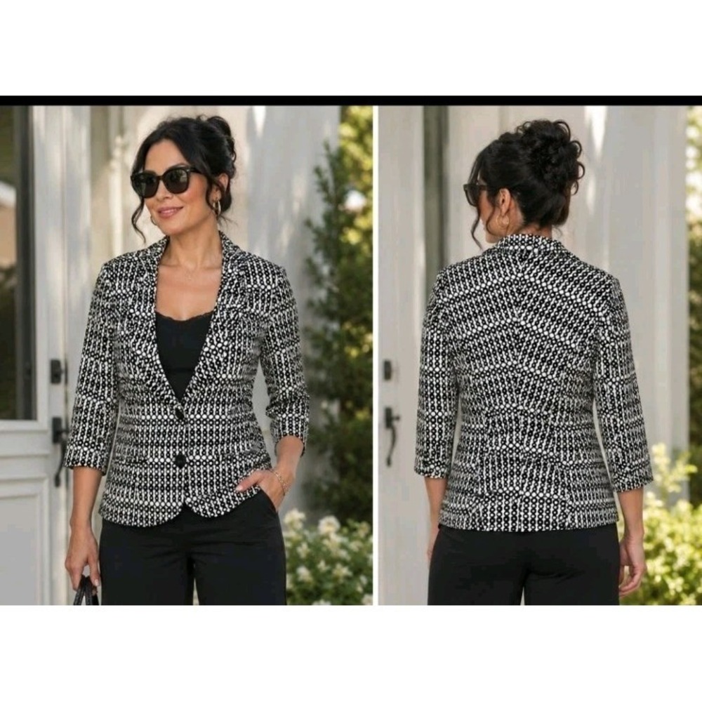 CAbi Du Jour Womens 4 Geometric Ruched Blazer Stretchy 3/4 Sleeve‎ Career Chic